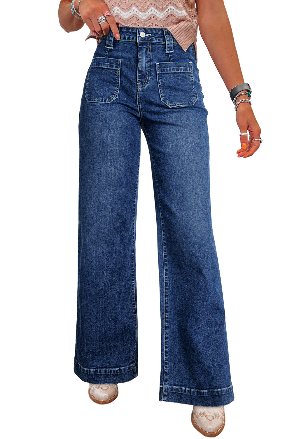 Sail Blue High Waist Wide Leg Jeans with Pockets