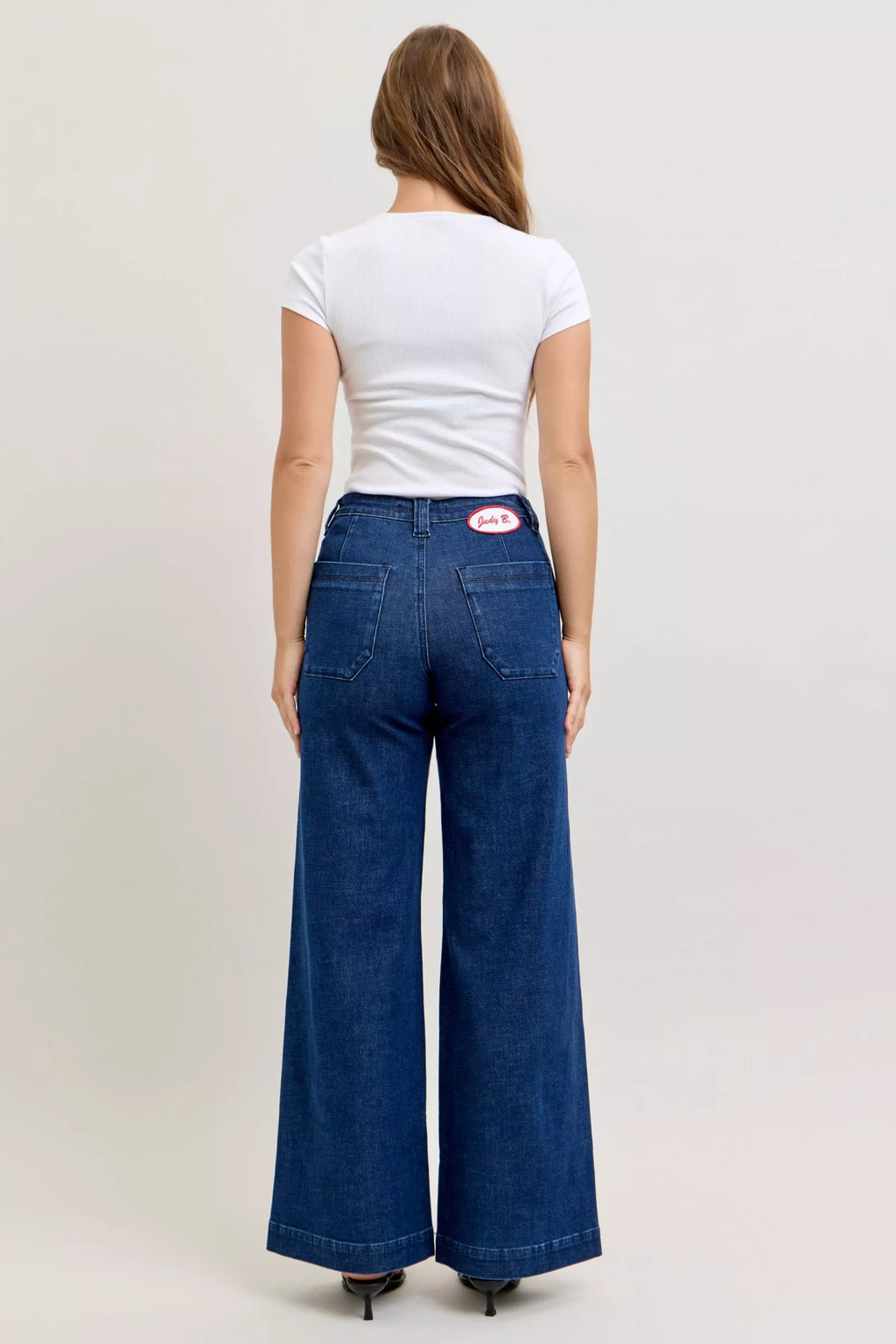 Judy Blue High Waisted Retro Wide Jeans For Women With Patch Pockets And Twisted Seams