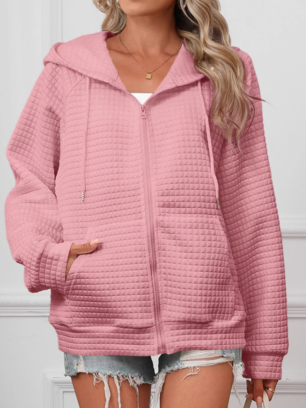 White Quilted Zip-Up Hooded Jacket with Drawstring