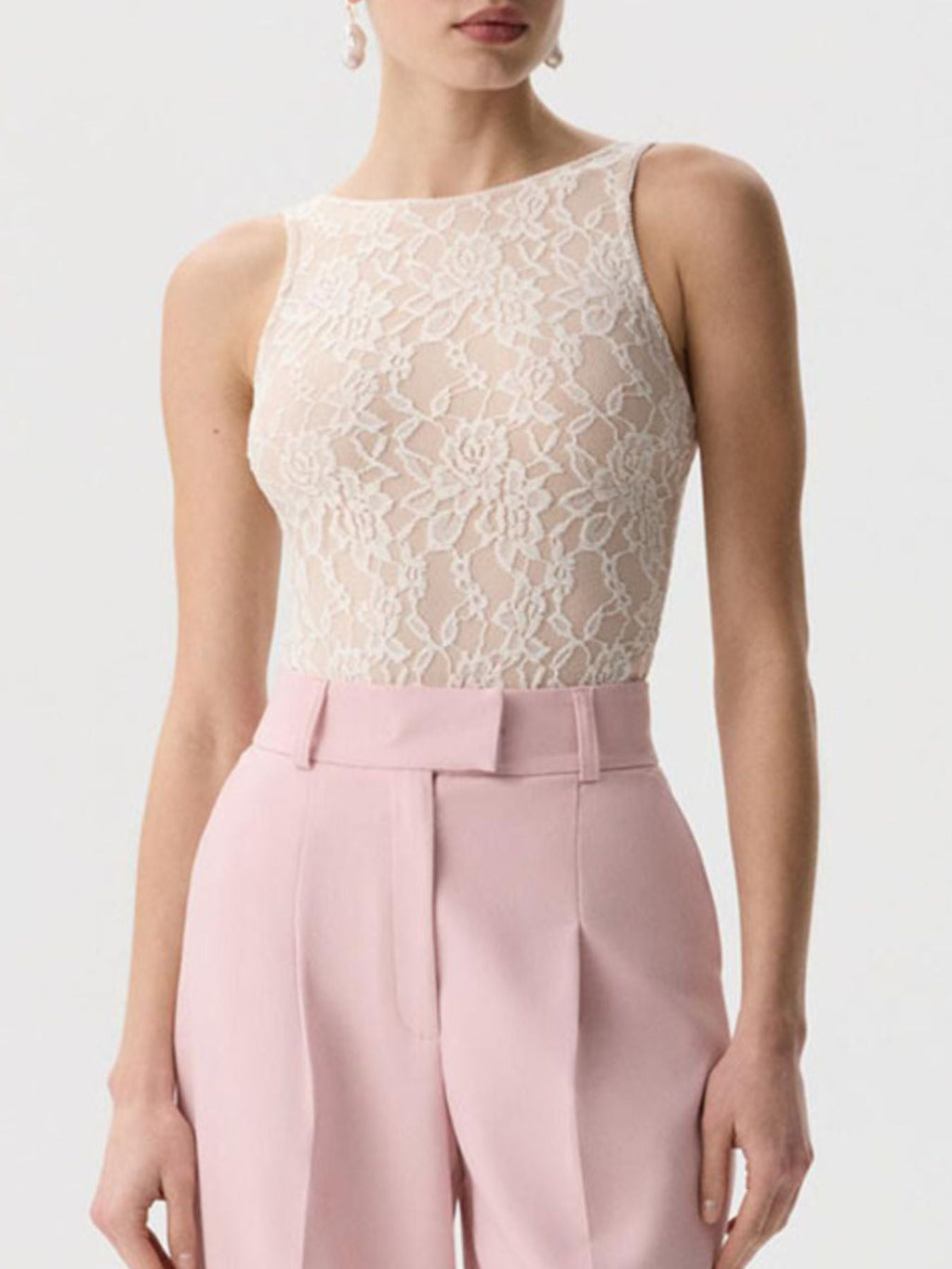 Women's Sheer Floral Lace Round Neck Tank Top in Ivory