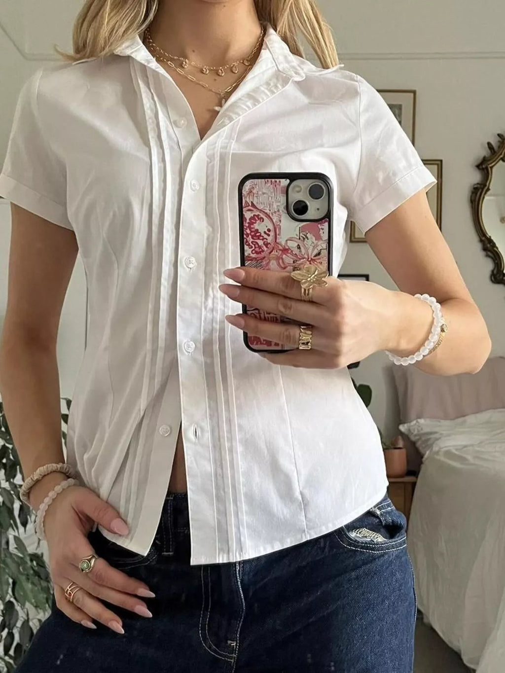 Women's White Short Sleeve Pleated Button Down Shirt