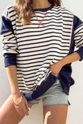 White Stripe Patchwork Exposed Seam Loose Fit Women's Sweatshirt