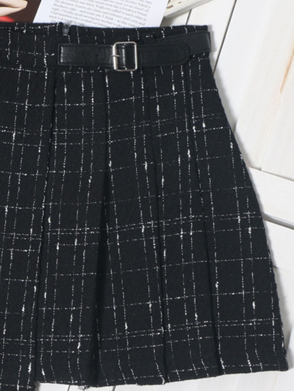 Women's Pleated Plaid Mini Skirt with Buckle Detail