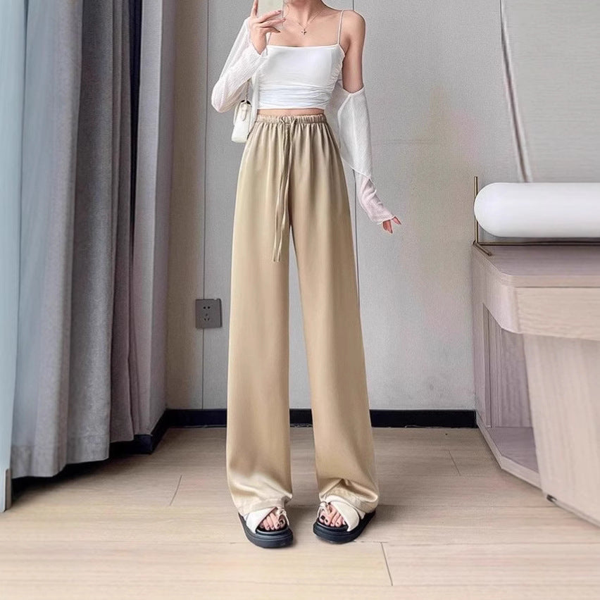 Women's Pants Summer Floral High Waist Leisure  Silk Satin Wide Leg straight pants