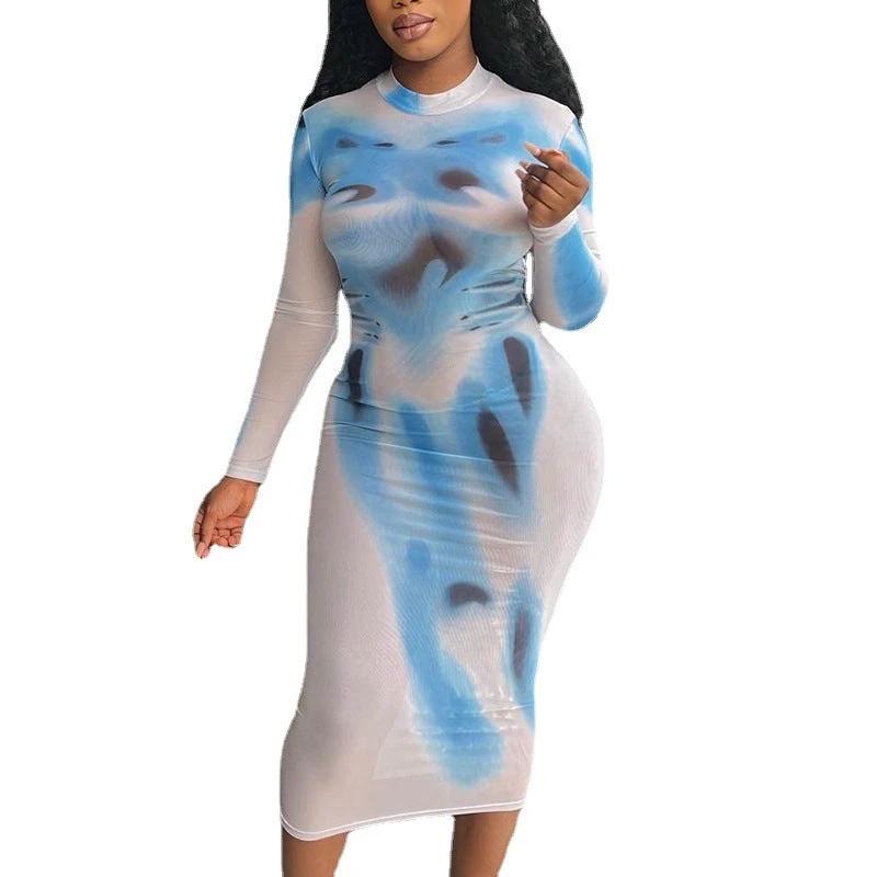 New Street Print Round Neck High Waist Pullover Long Sleeve Slim Wrap Buttock Long Dress For Women