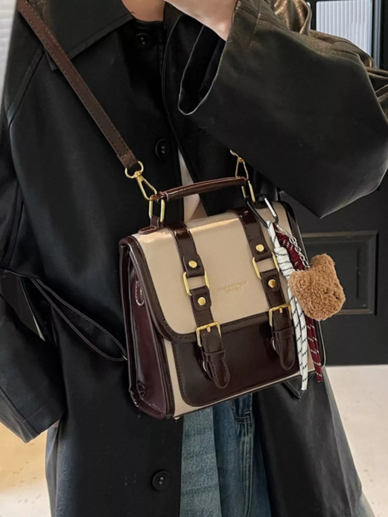 Two-Tone Brown and Beige Small Buckle Flap Backpack