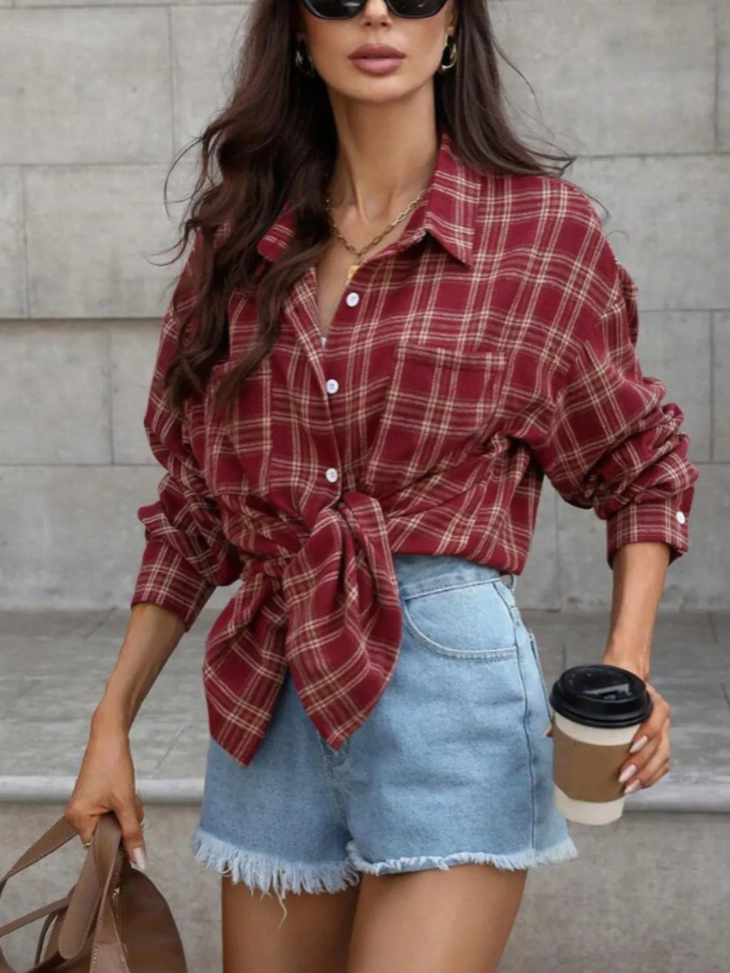 Women's Long Sleeve Plaid Button-Down Shirt in Red