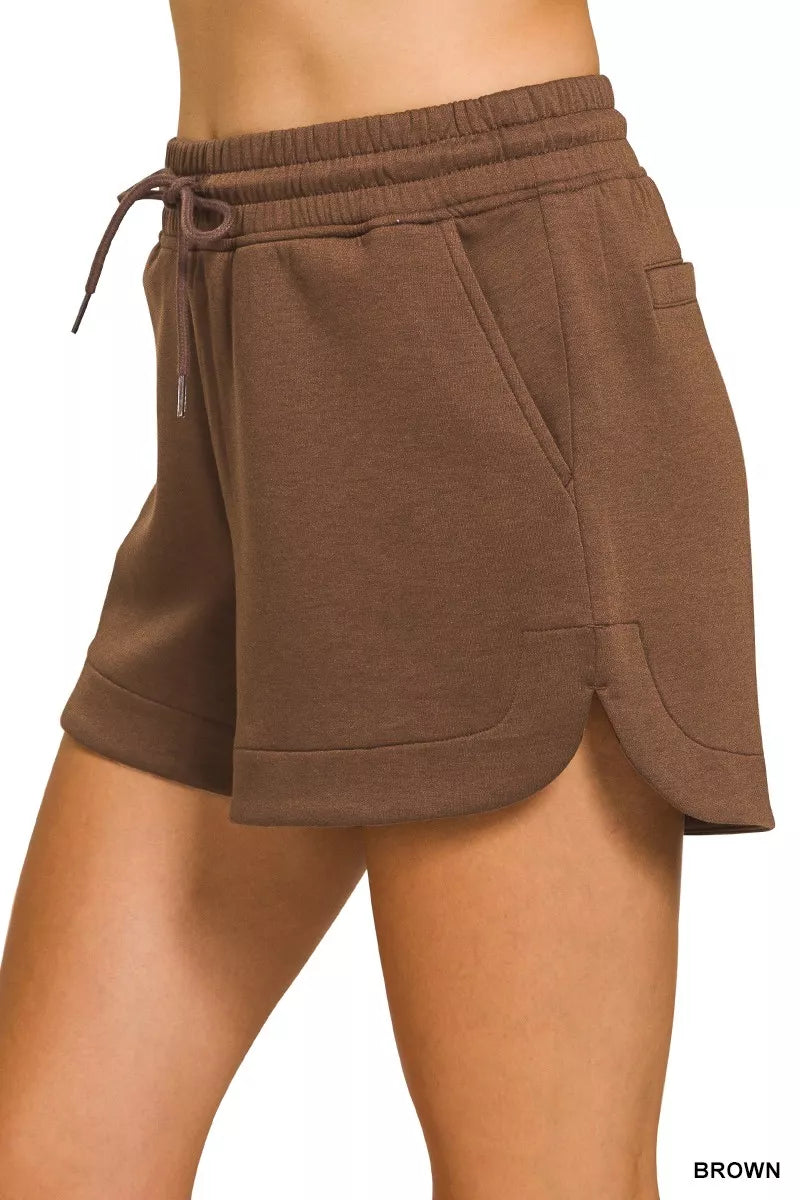 Women's Brown Scuba Elastic Waistband Shorts with Side Pockets