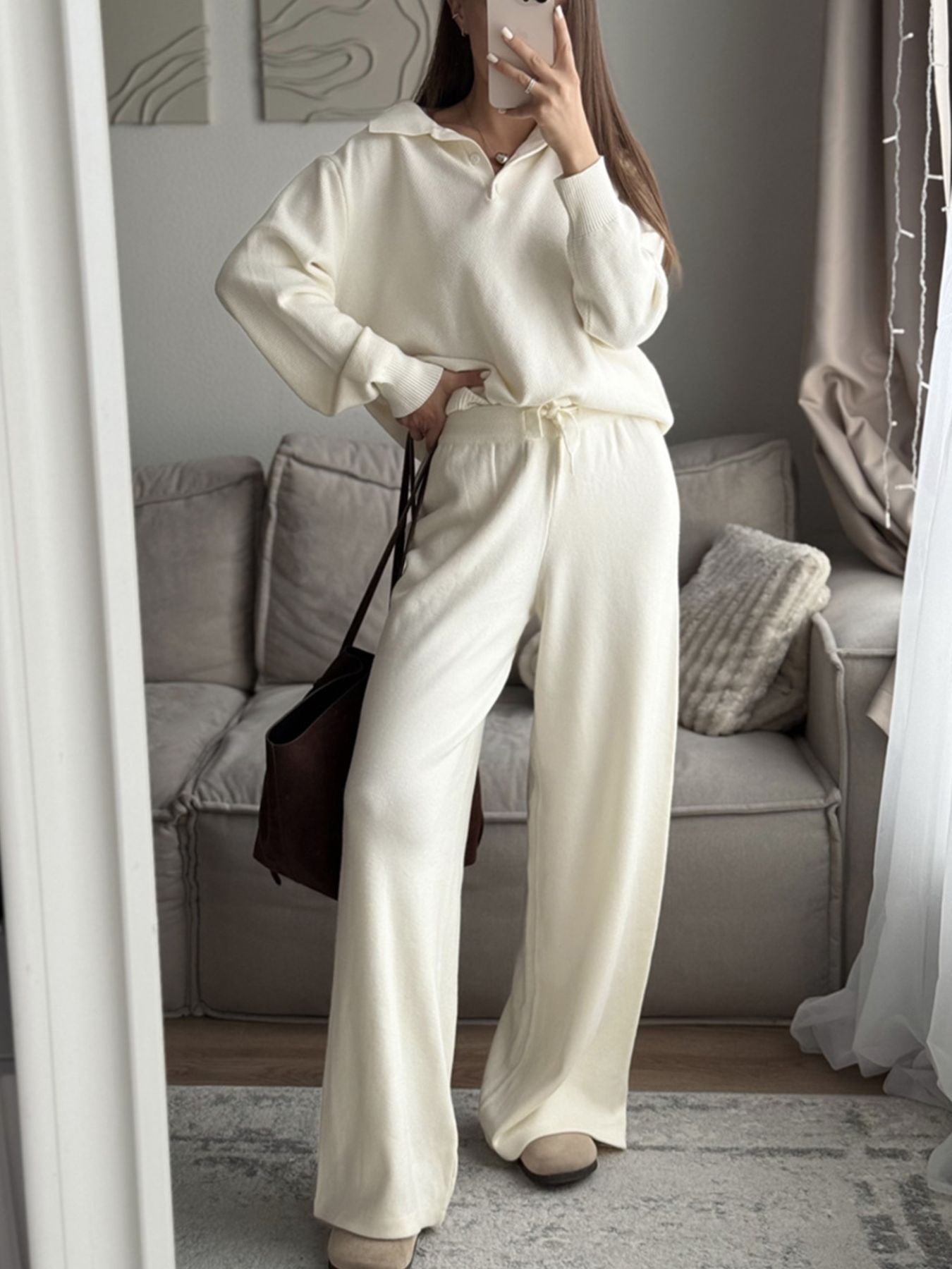 Women's Knit Polo Top and Wide Leg Pants Two-Piece Set