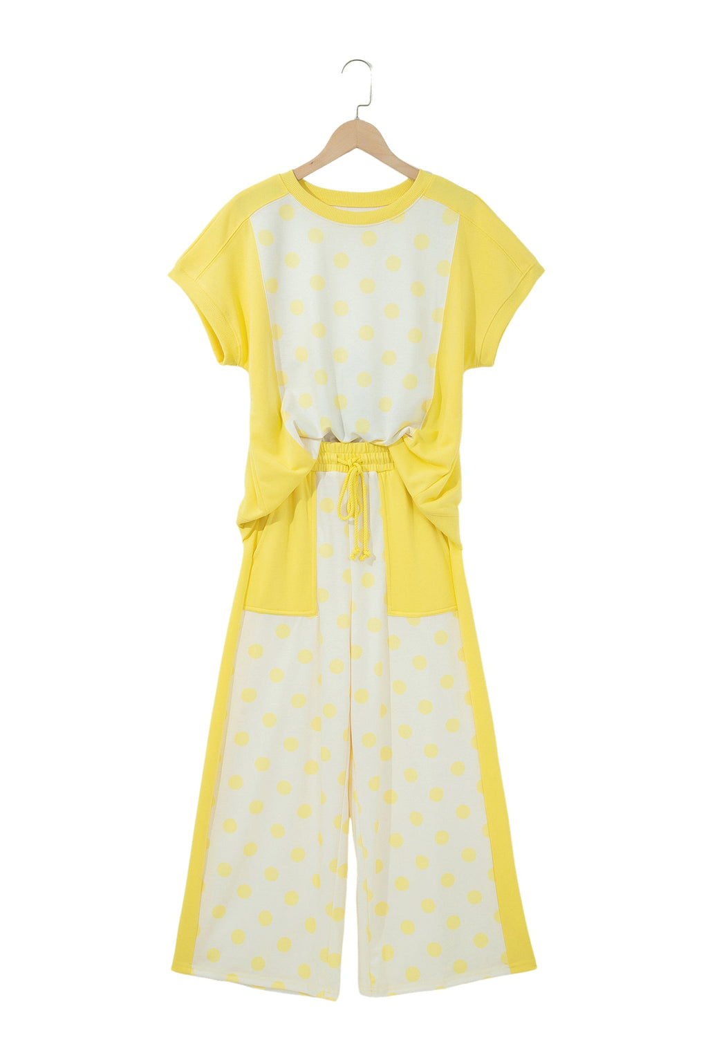Polka Dot Colorblock Patchwork Top and Wide Leg Pants Set