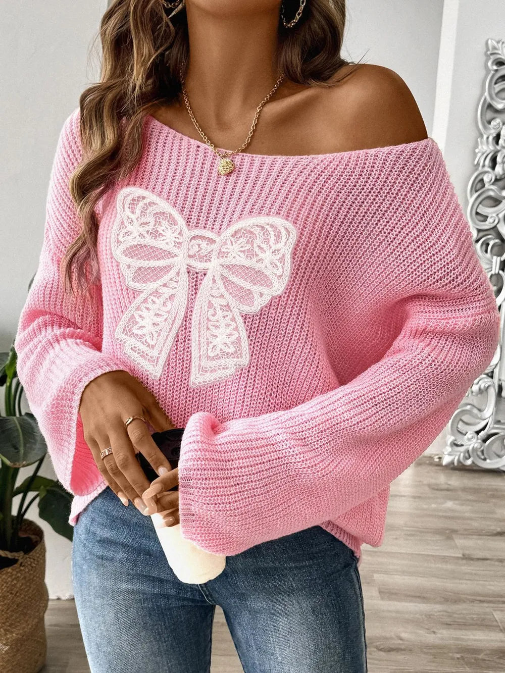 Bow Boat Neck Sweater - Long Sleeve Women's Pullover