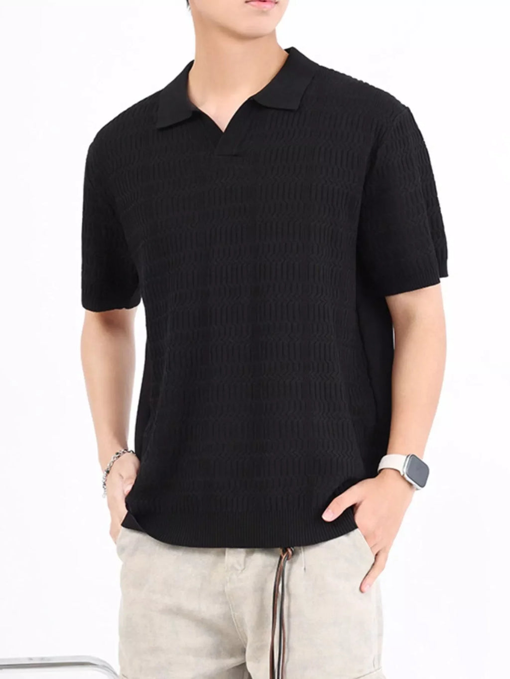 Men's Plus Size Textured Knit Short Sleeve Polo