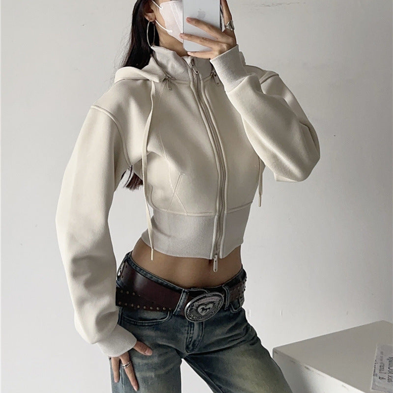 European And American Style Fleece-lined Waist Stand Collar Detachable Hooded Zipper Sweatshirt See size chart under “more details”