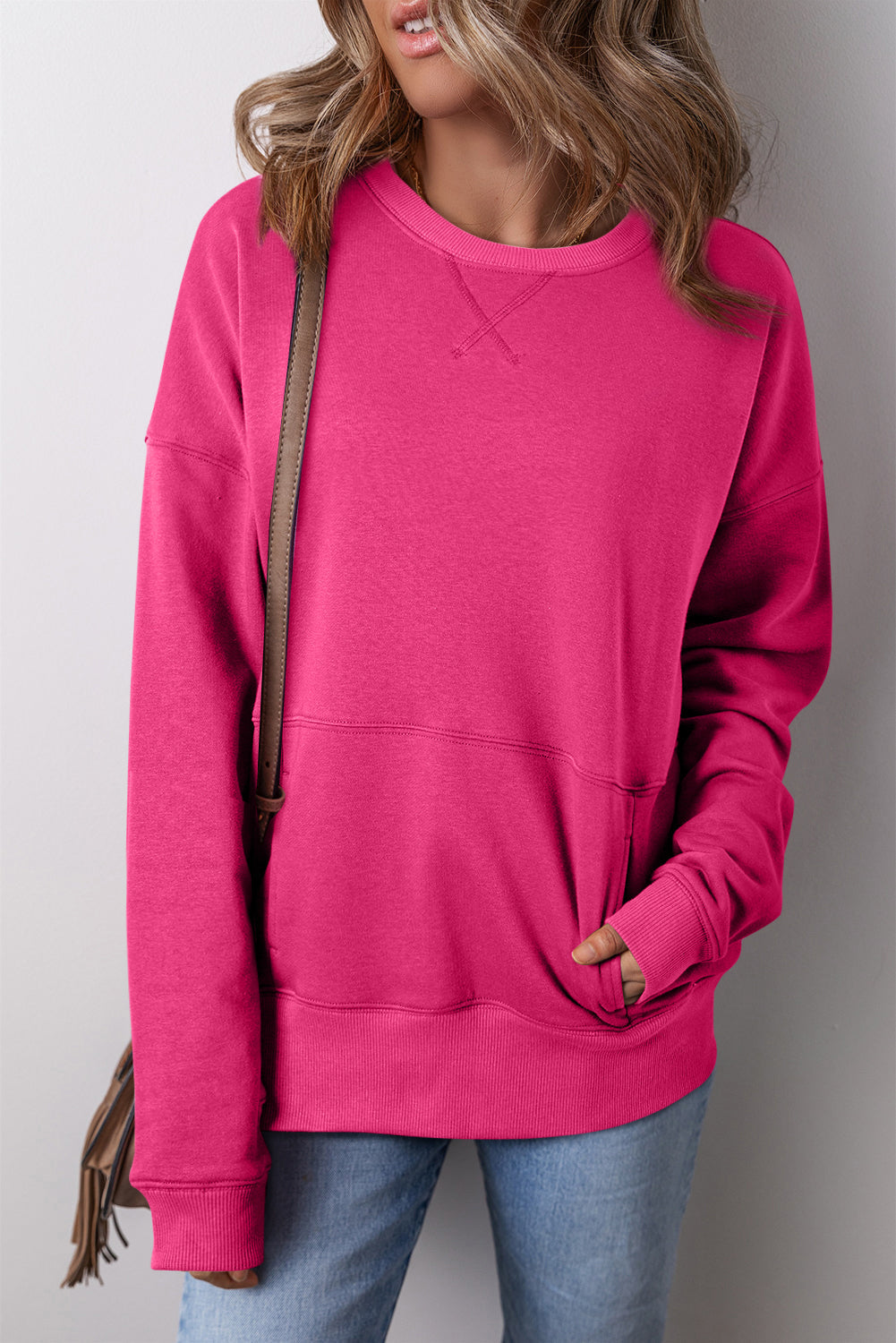 Drop Shoulder Women's Sweatshirt - Crisscross Stitching with Pockets