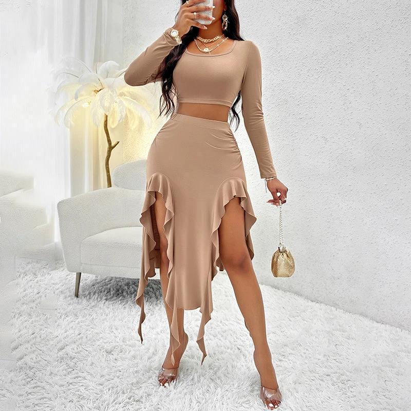 Women's Long Sleeve Round Neck Pleated Dress Suit - Solid Color Elegant Ruffle Outfit