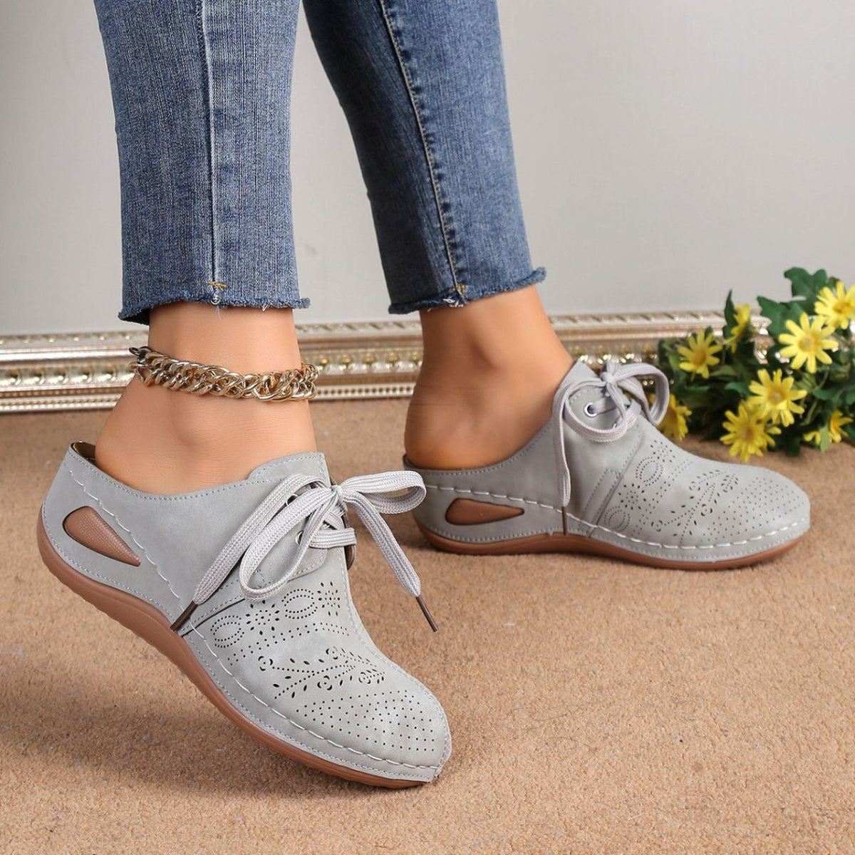 Women's Black Lace-Up Slip-On Mules Casual Comfort Wedge Shoes