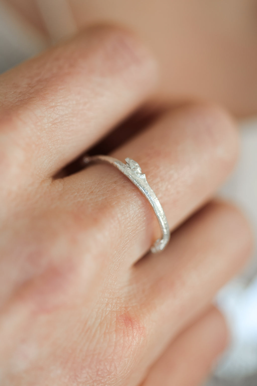 Budding twig ring Size 8, stackable rings, Maine forest botanical jewelry, recycled sterling silver, hand carved