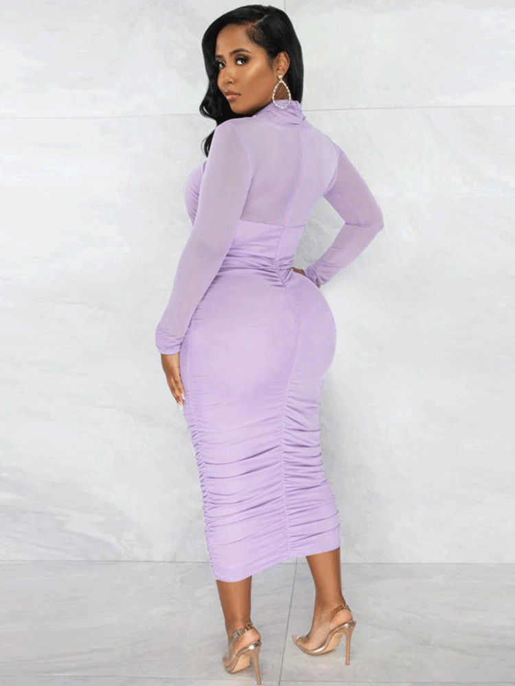 Lavender Ruched Mesh Long Sleeve Midi Bodycon Dress