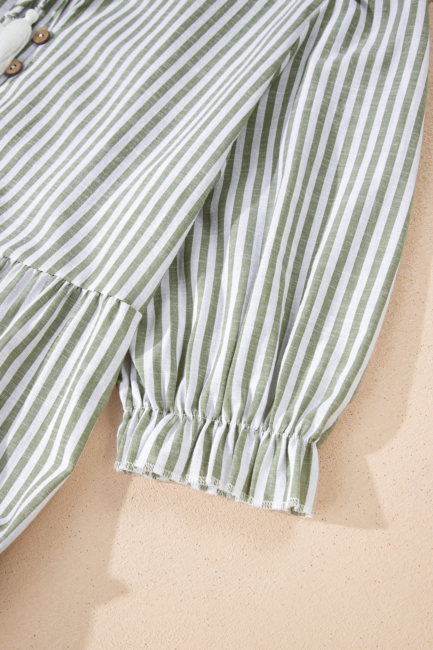 Green Stripe Tasseled Tie Neck Ruffled Short Sleeve Tiered Flattering Dress