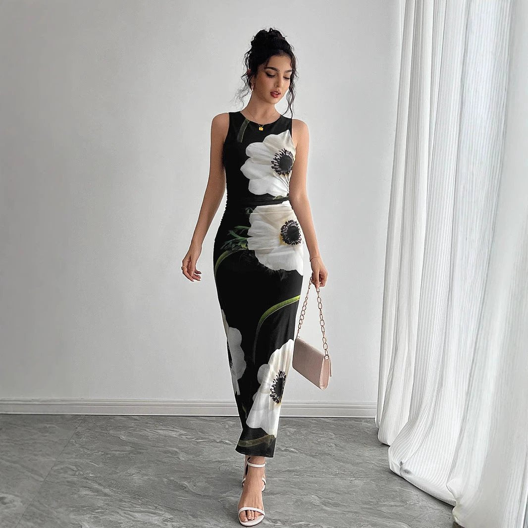 Women's Black Mesh Floral Print Sleeveless Dress Long Dress