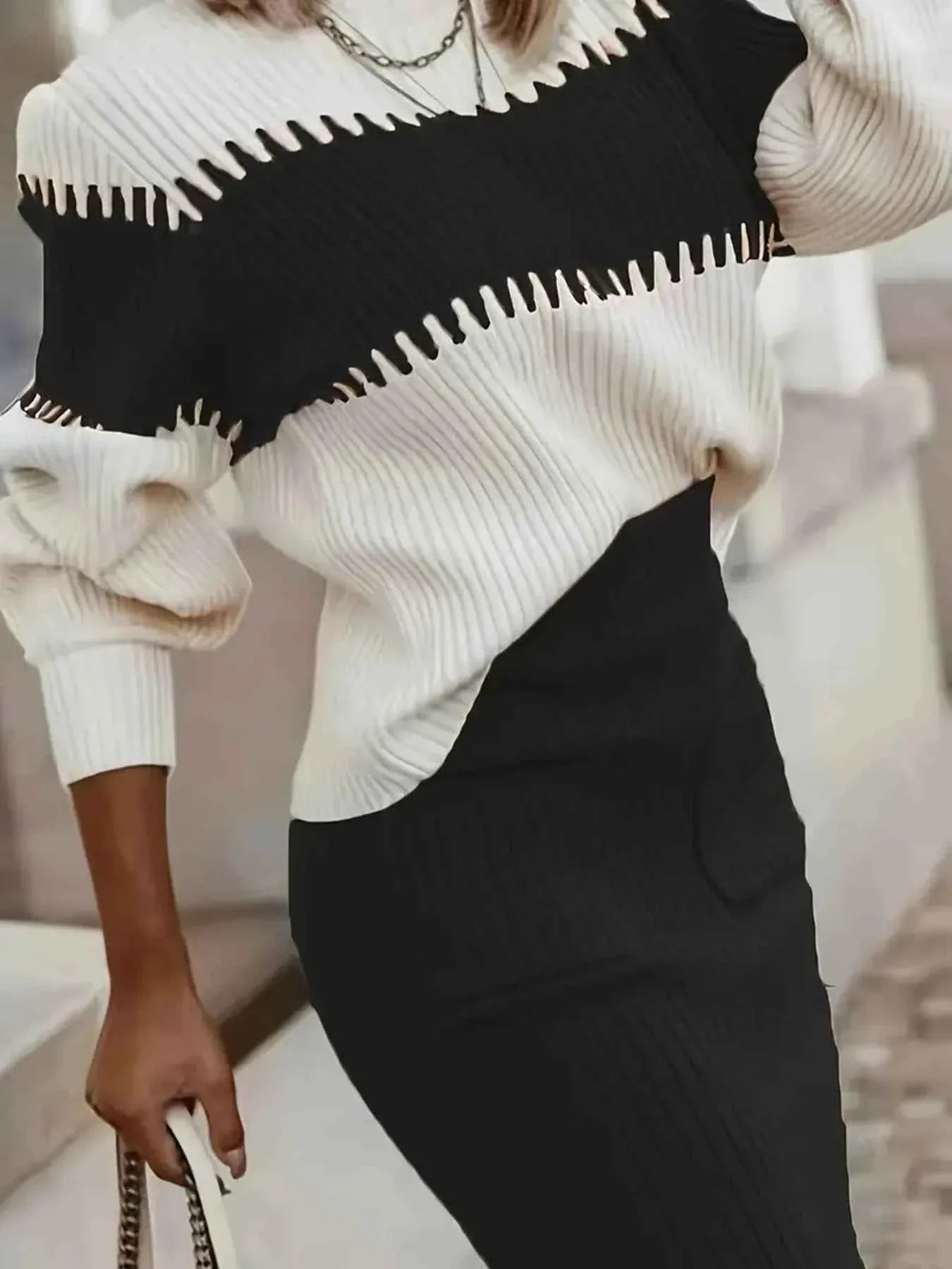 Two-Tone Ribbed Knit Sweater Set
