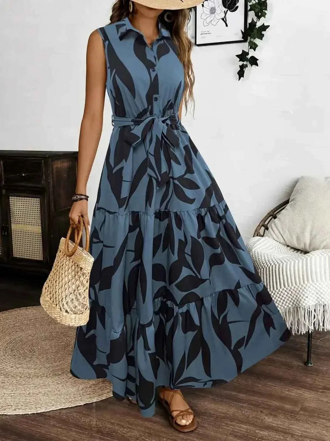 Printed Maxi Dress with Tie Waist - Sleeveless Elegance
