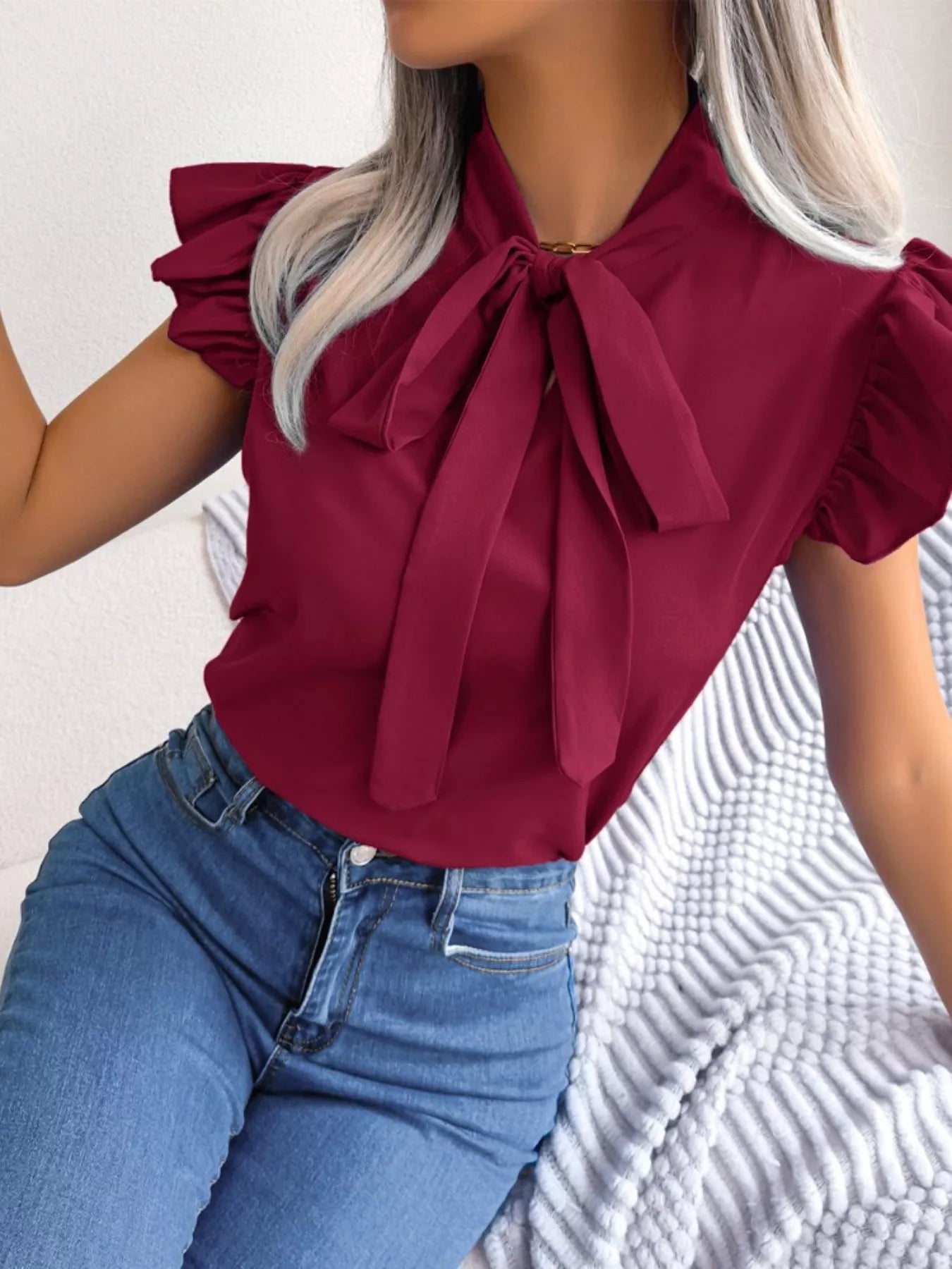 White Ruffle Sleeve Blouse with Elegant Bow Tie Detail