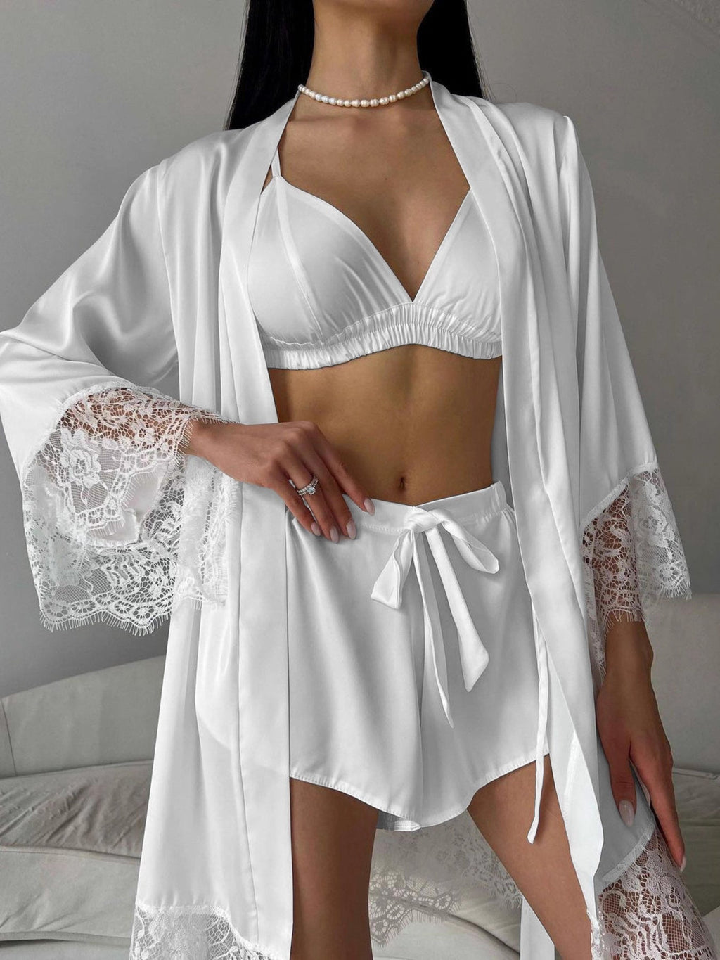White Lace Trim 3-Piece Cami Cardigan and Shorts Lounge Set