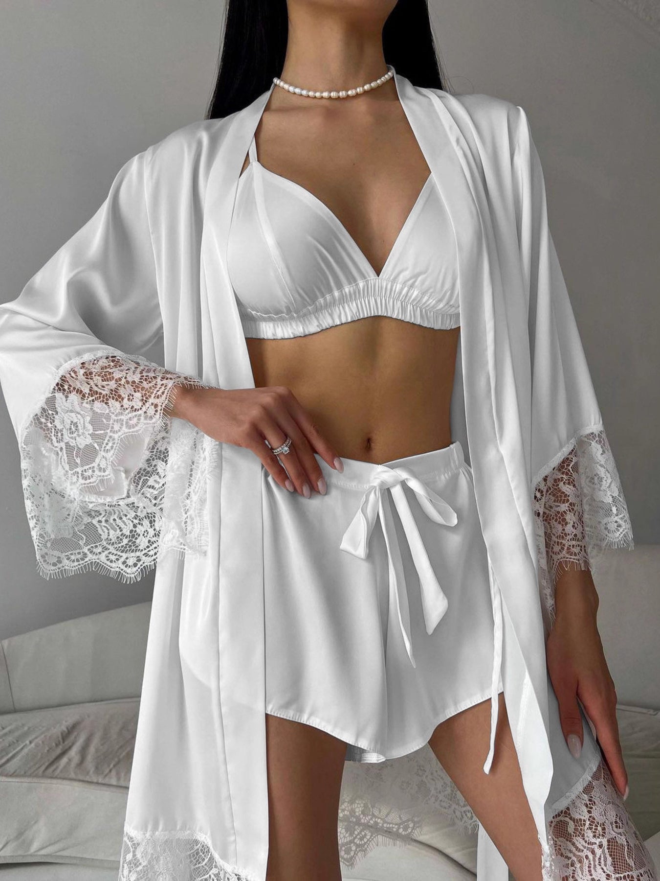 White Lace Trim 3-Piece Cami Cardigan and Shorts Lounge Set