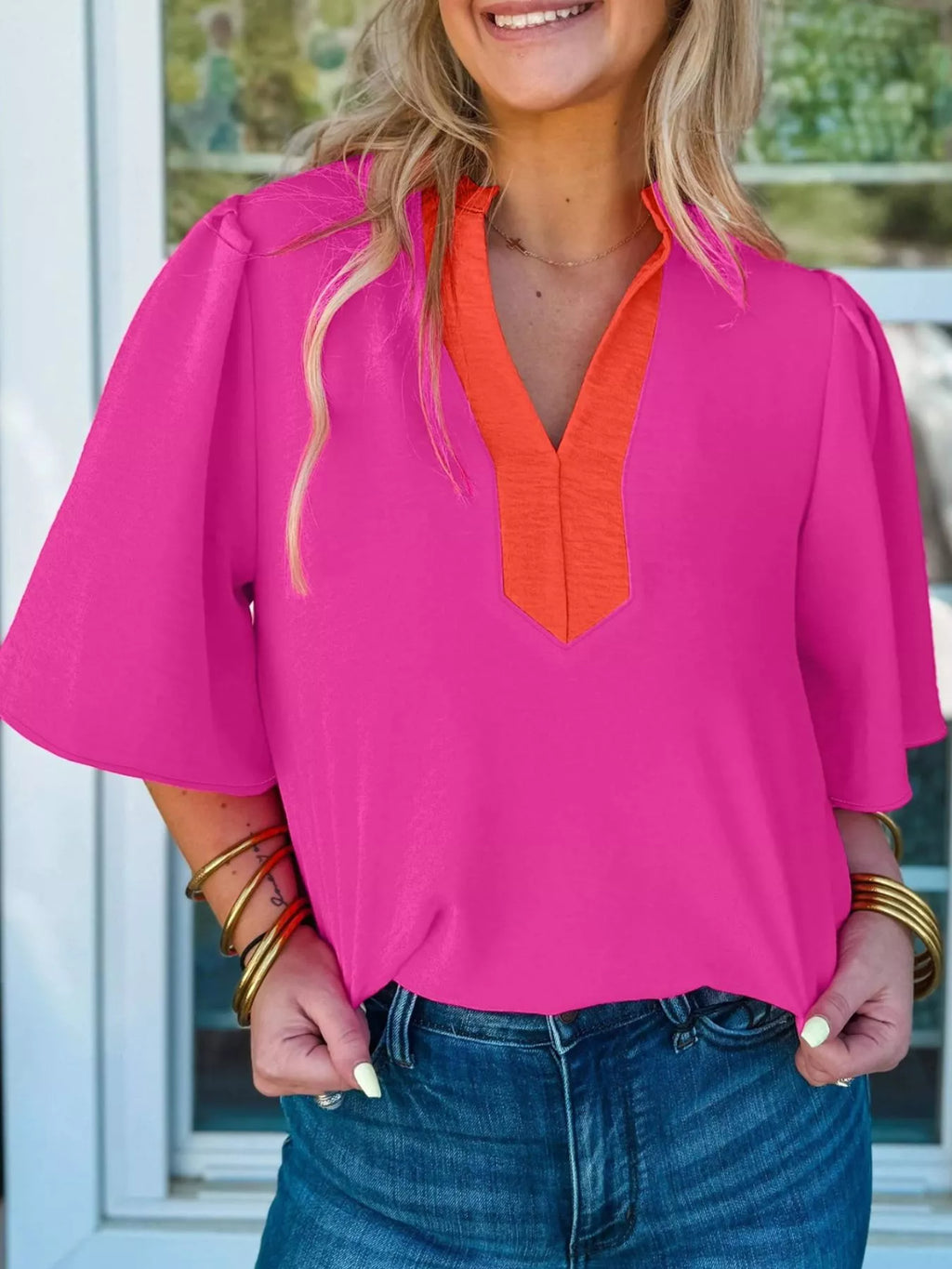 Hot Pink Notched Neck Half Sleeve Blouse with Orange Contrast