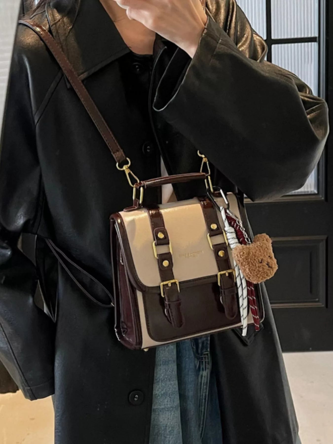 Two-Tone Brown and Beige Small Buckle Flap Backpack
