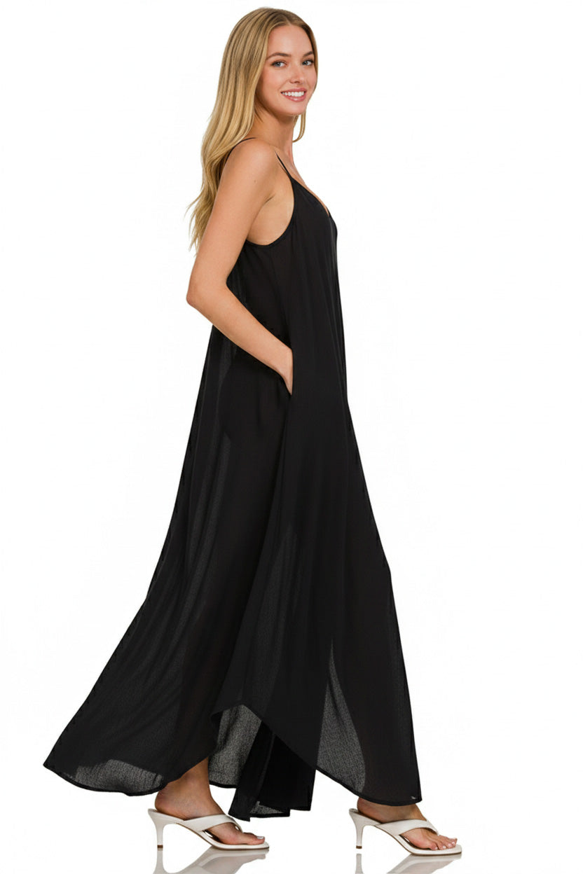 Zenana Woven Crinkle Cami Maxi Dress Black