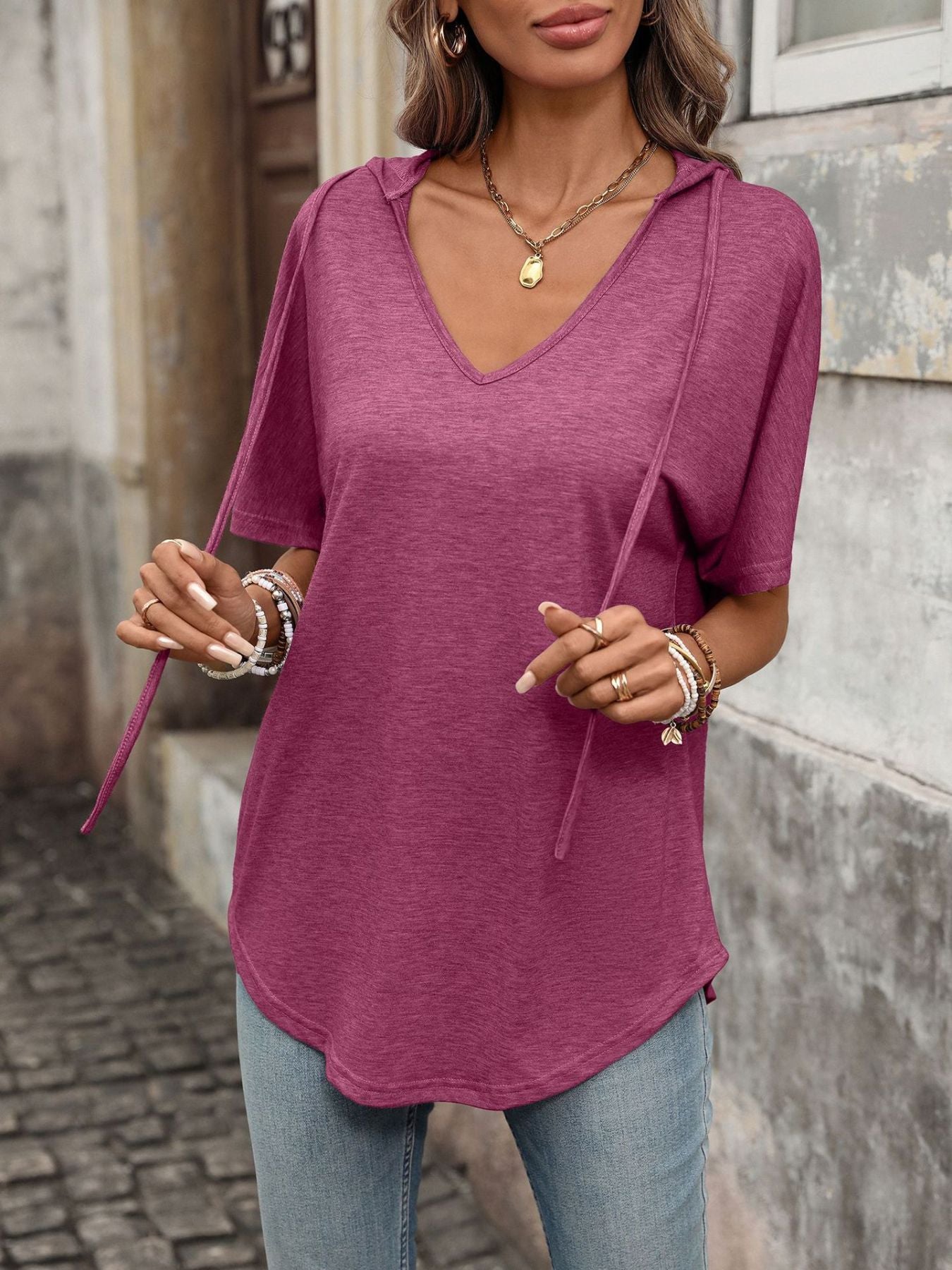 Women's Casual Short Sleeve V-Neck Hooded T-Shirt in Purple