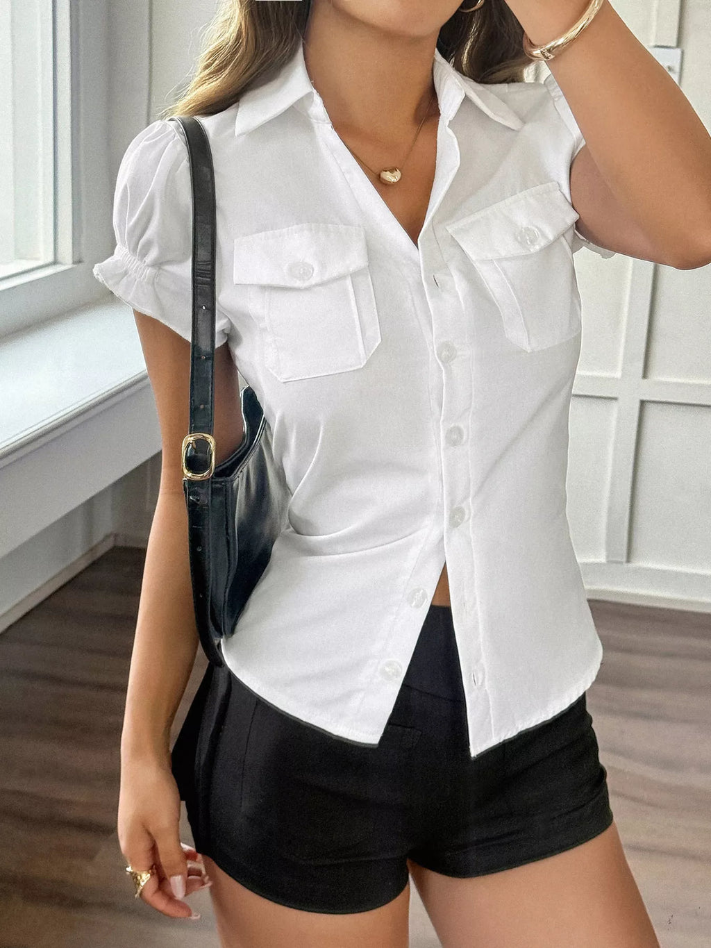 Women's Burgundy Ruffle Sleeve Button Down Shirt with Pockets