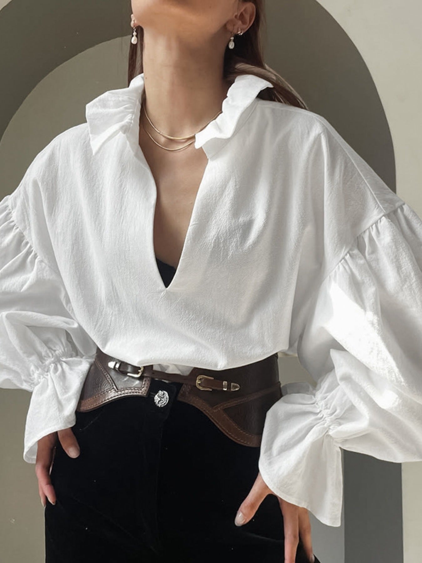 White Notched Flounce Sleeve Blouse