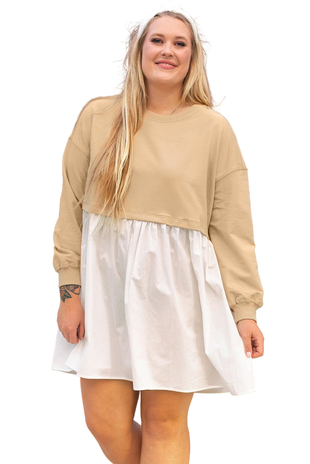 Apricot Color Block Patchwork Ruffled Plus Size Mini Dress