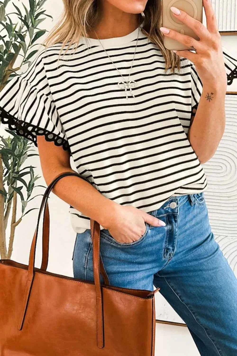 Striped Ruffle Sleeve Round Neck Blouse