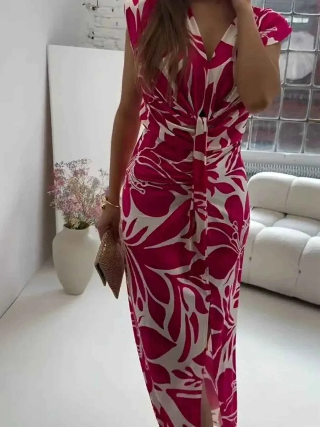 Full Size Slit Printed V-Neck Midi Dress for Plus Size Women - Stylish Plus Size Midi Dress