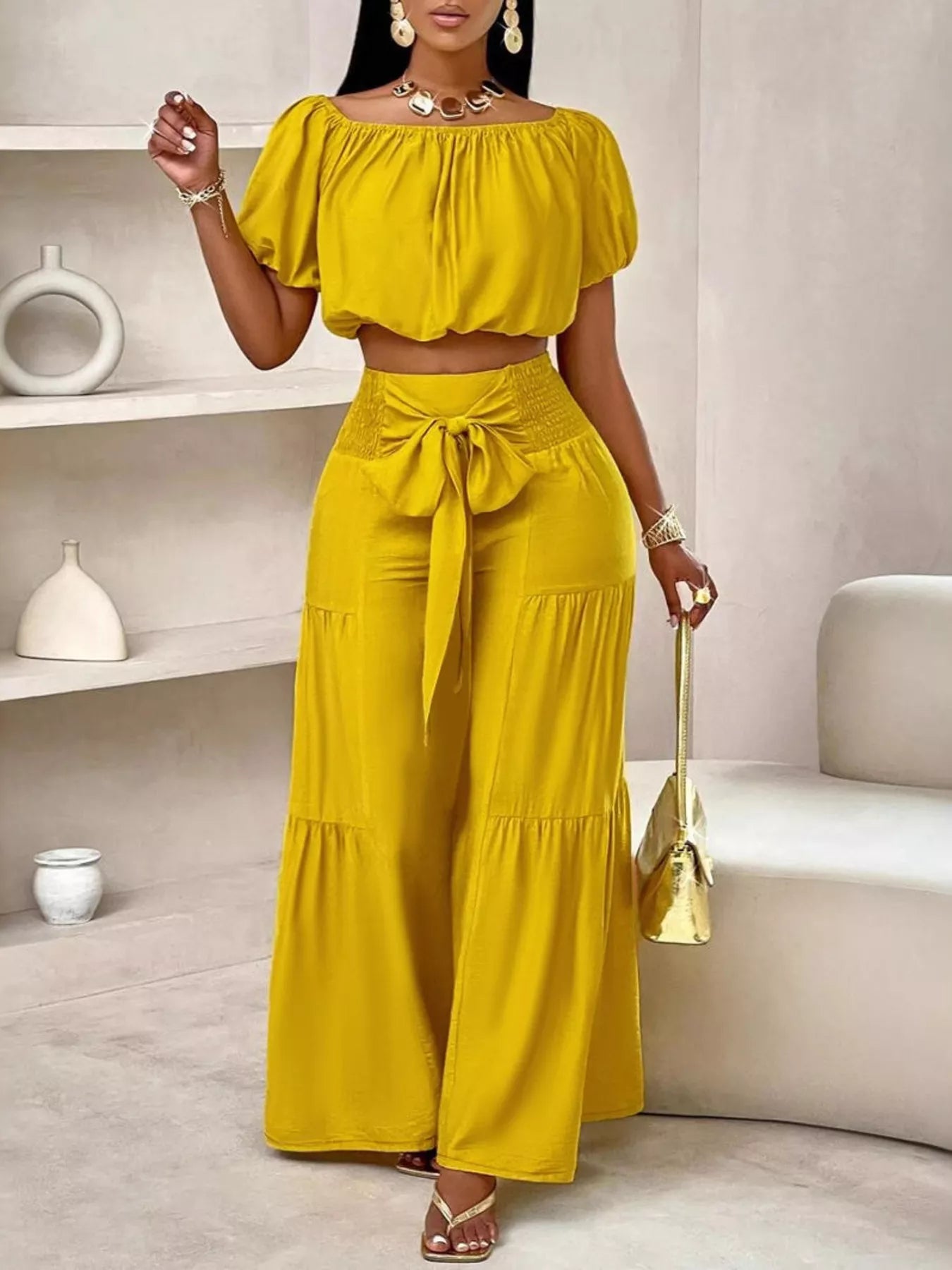 Yellow Off-Shoulder Crop Top and Ruched Wide Leg Pants Set