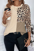Pale Khaki Leopard Colorblock Waffle Knit Women's Top