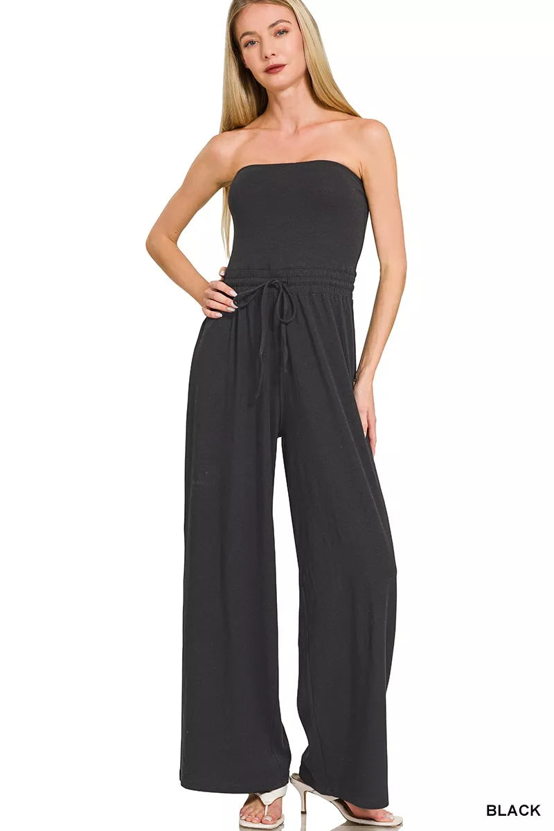 Women's Strapless Wide-Leg Tube Top Jumpsuit with Drawstring Waist