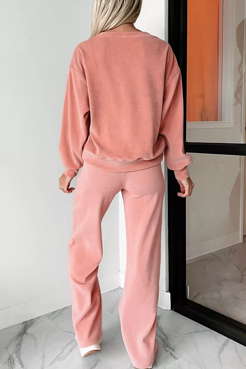 Women's Ribbed Round Neck Two-Piece Lounge Set with Pockets