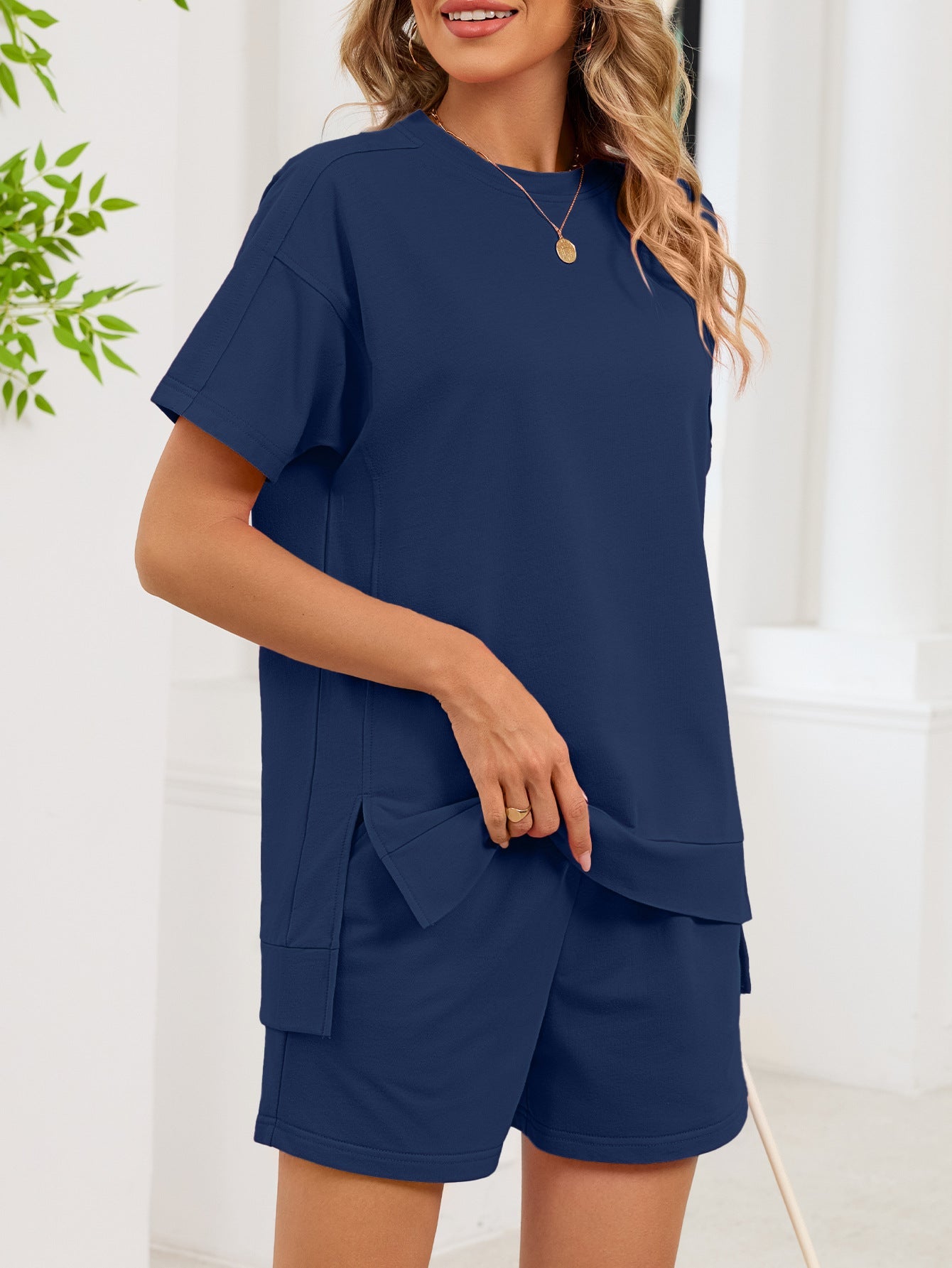 Women's Round Neck Short Sleeve T-Shirt and Shorts Lounge Set