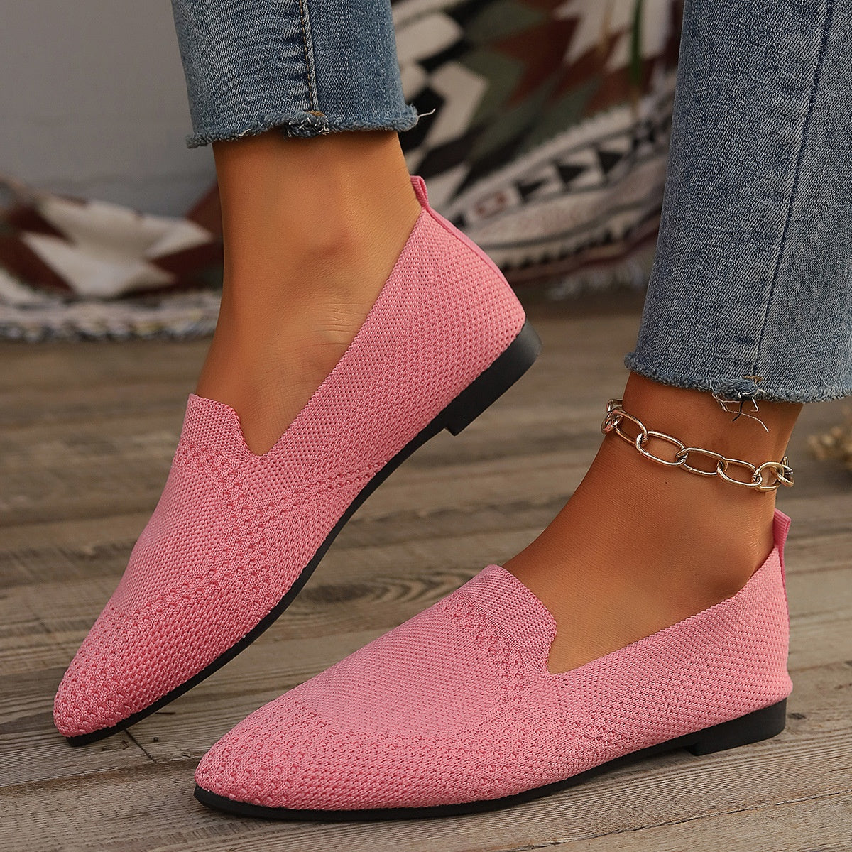 Women's Black Pointed-Toe Mesh Slip-On Flats Breathable Shoes