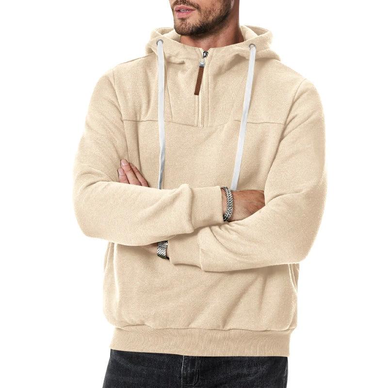 Men's Heavy Fleece-lined Half-zip Sporty Casual Hooded Sweatshirt