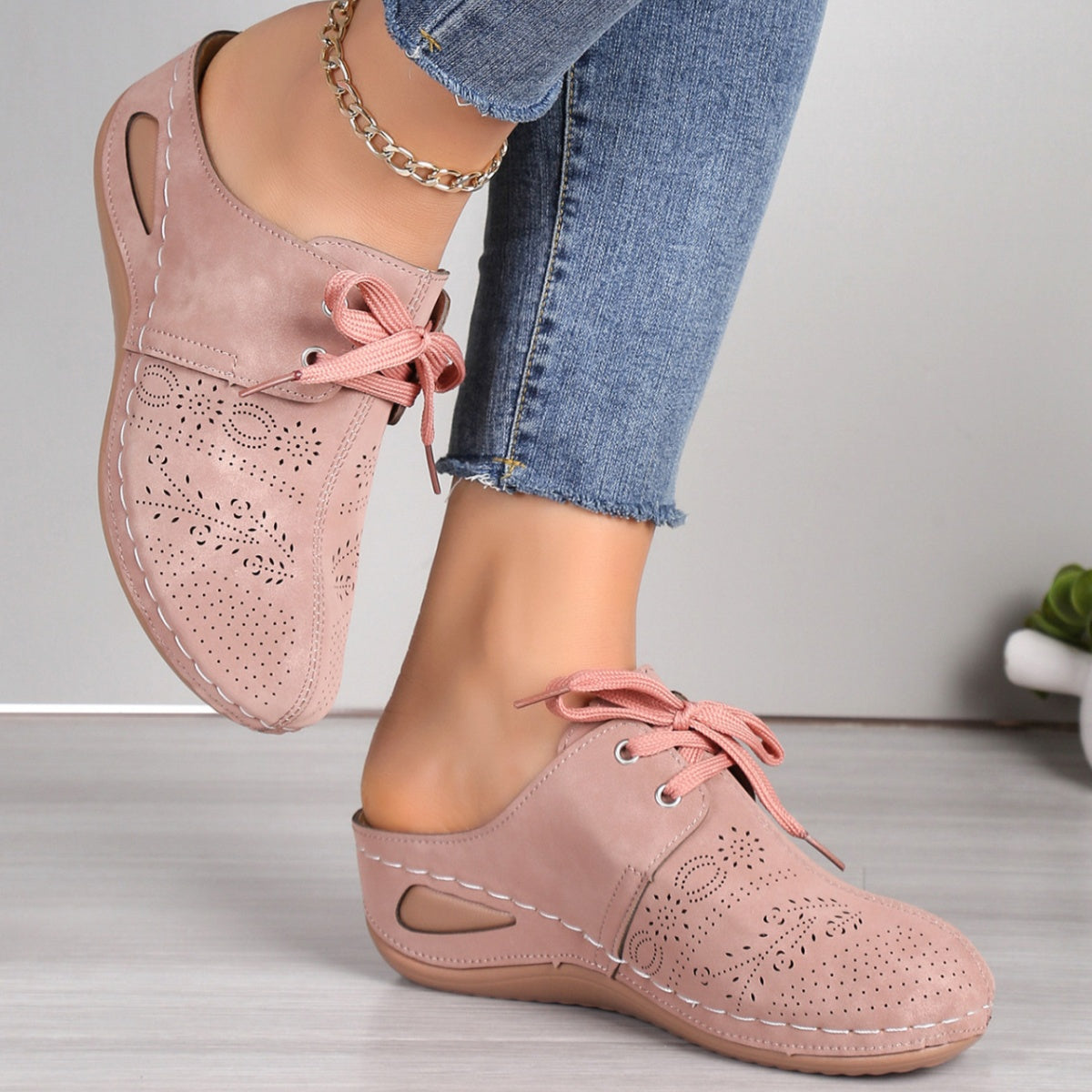 Women's Black Lace-Up Slip-On Mules Casual Comfort Wedge Shoes