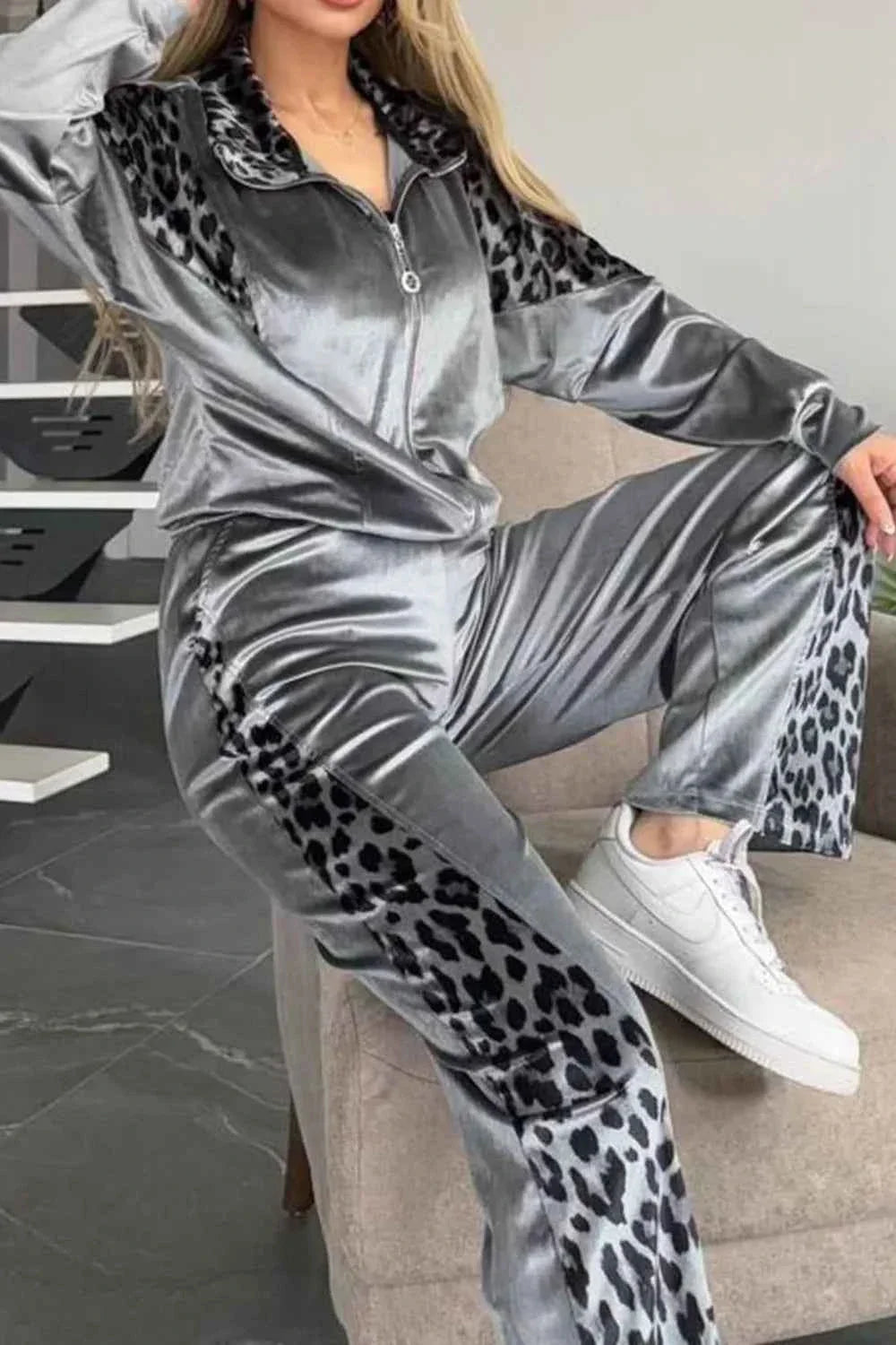 Full Size Collared Neck Leopard Zip Up Sweatsuit Plus Size