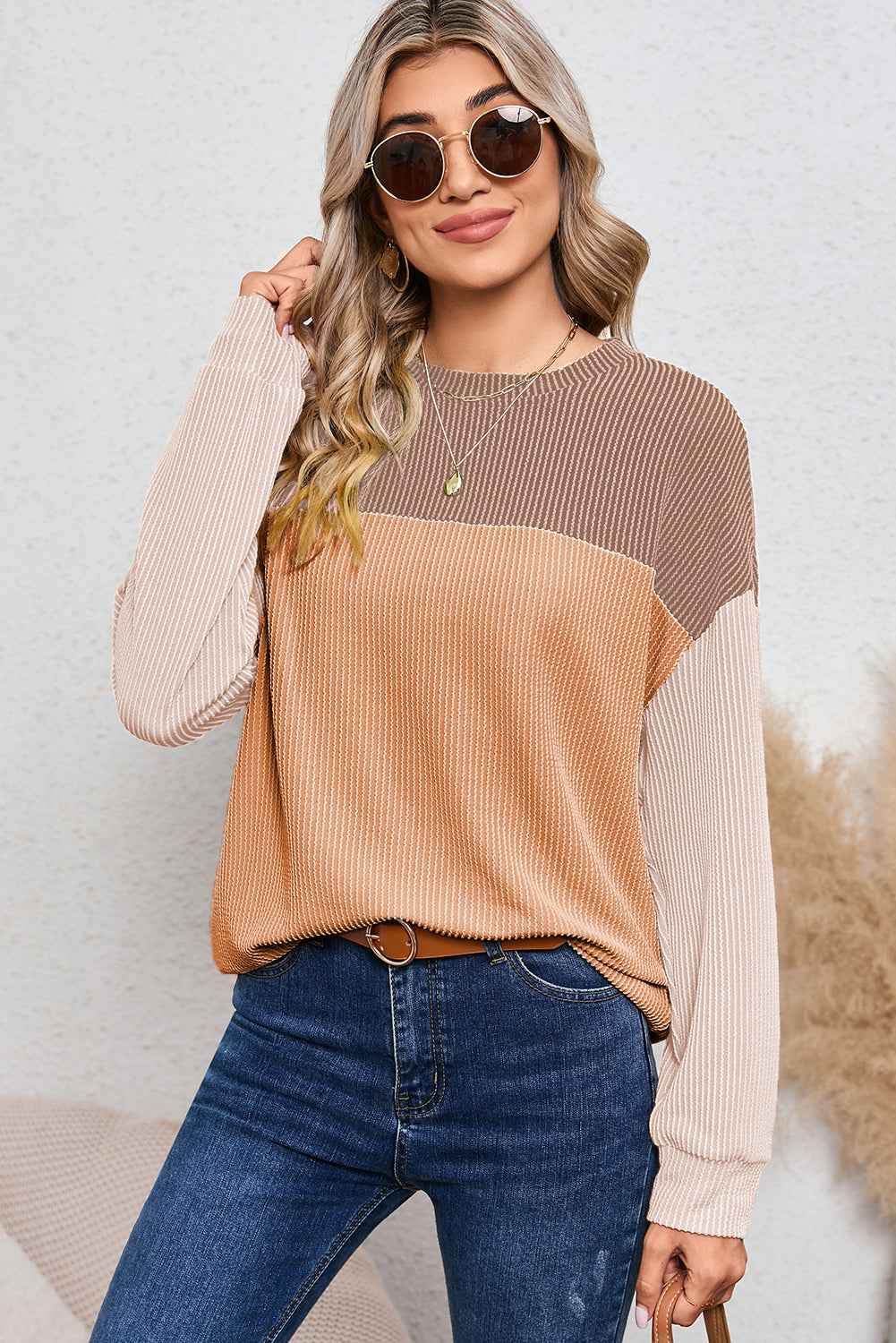 Color Block Ribbed Women's Top - Khaki Long Sleeve Loose Fit