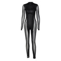 Women Clothing Autumn Stitching Mesh round Neck Back Long Sleeve Zipper Jumpsuit