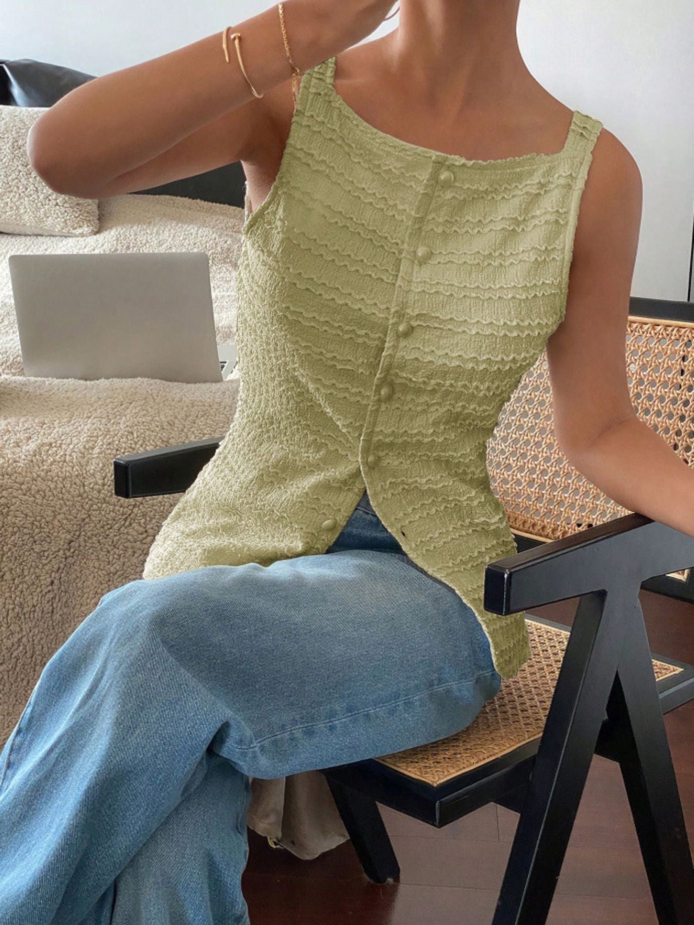 Women's Textured Button-Front Knit Tank Top